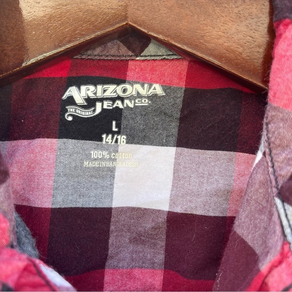 ARIZONA JEANS Boys Red Black Plaid Check Button Down Shirt Size 14-16 - Picture 2 of 9
